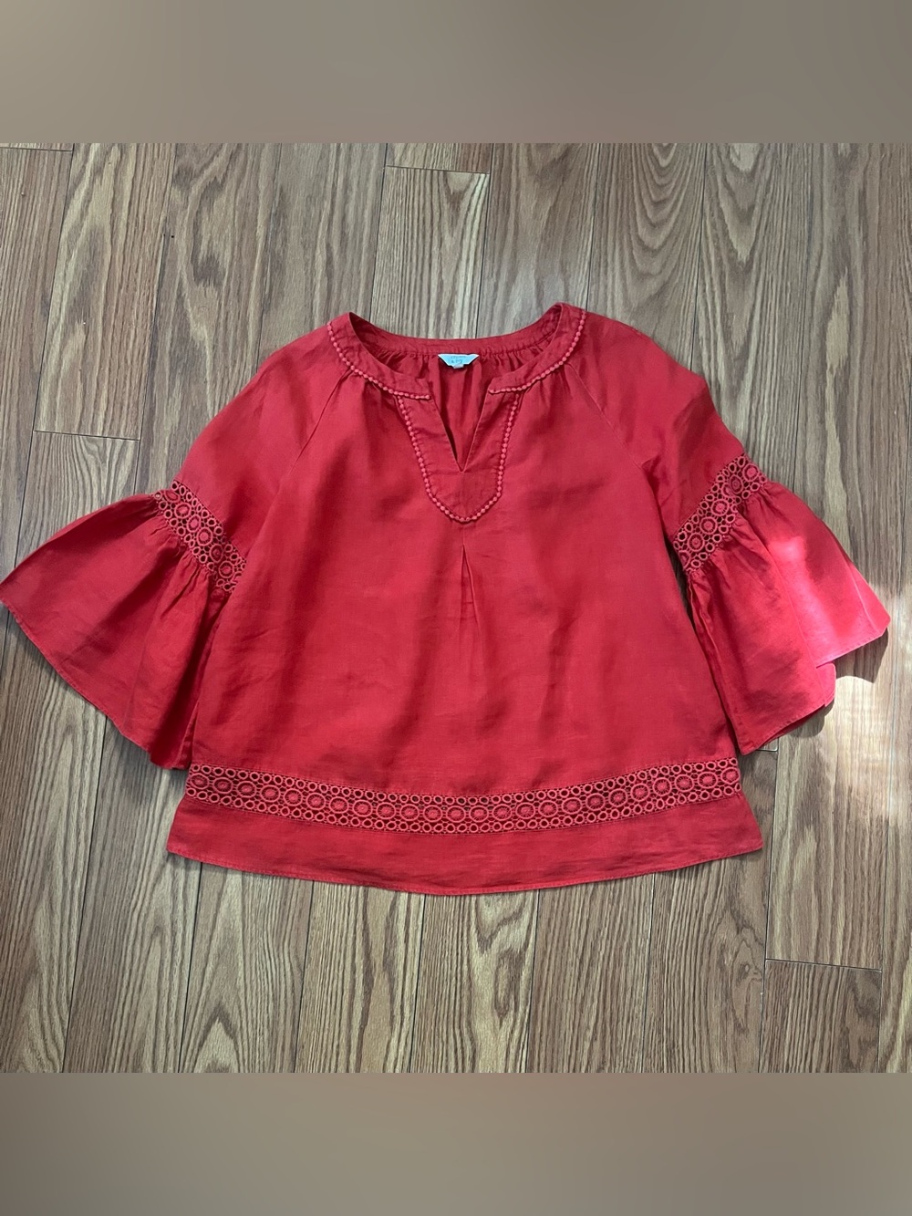 Crown & Ivy Linen Embroidered Bell Sleeve Blouse